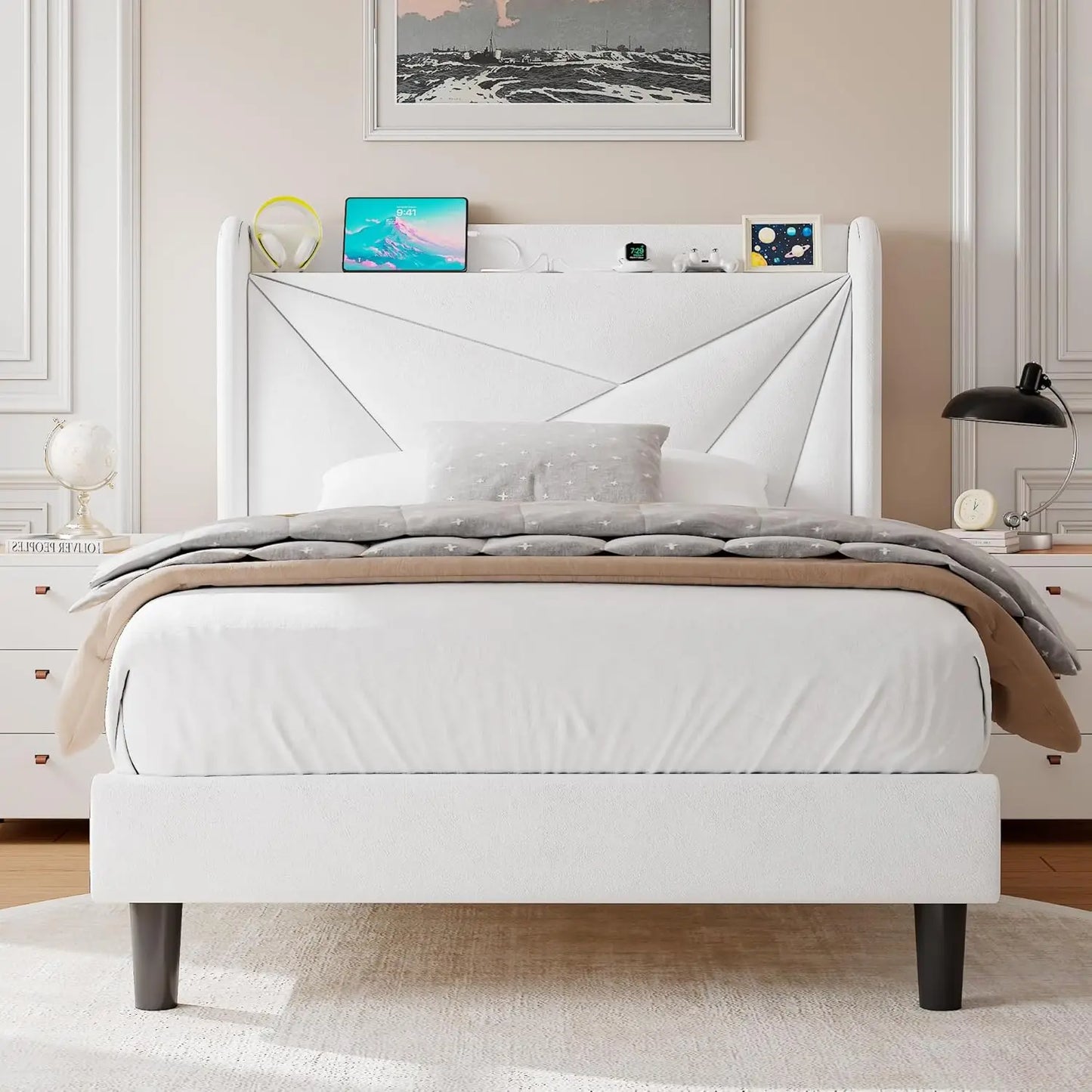 Upholstered Bed Frame with Charging Station, Platform Bed Frame with Storage Headboard, Solid Wood Slats Support, No BBox Spring