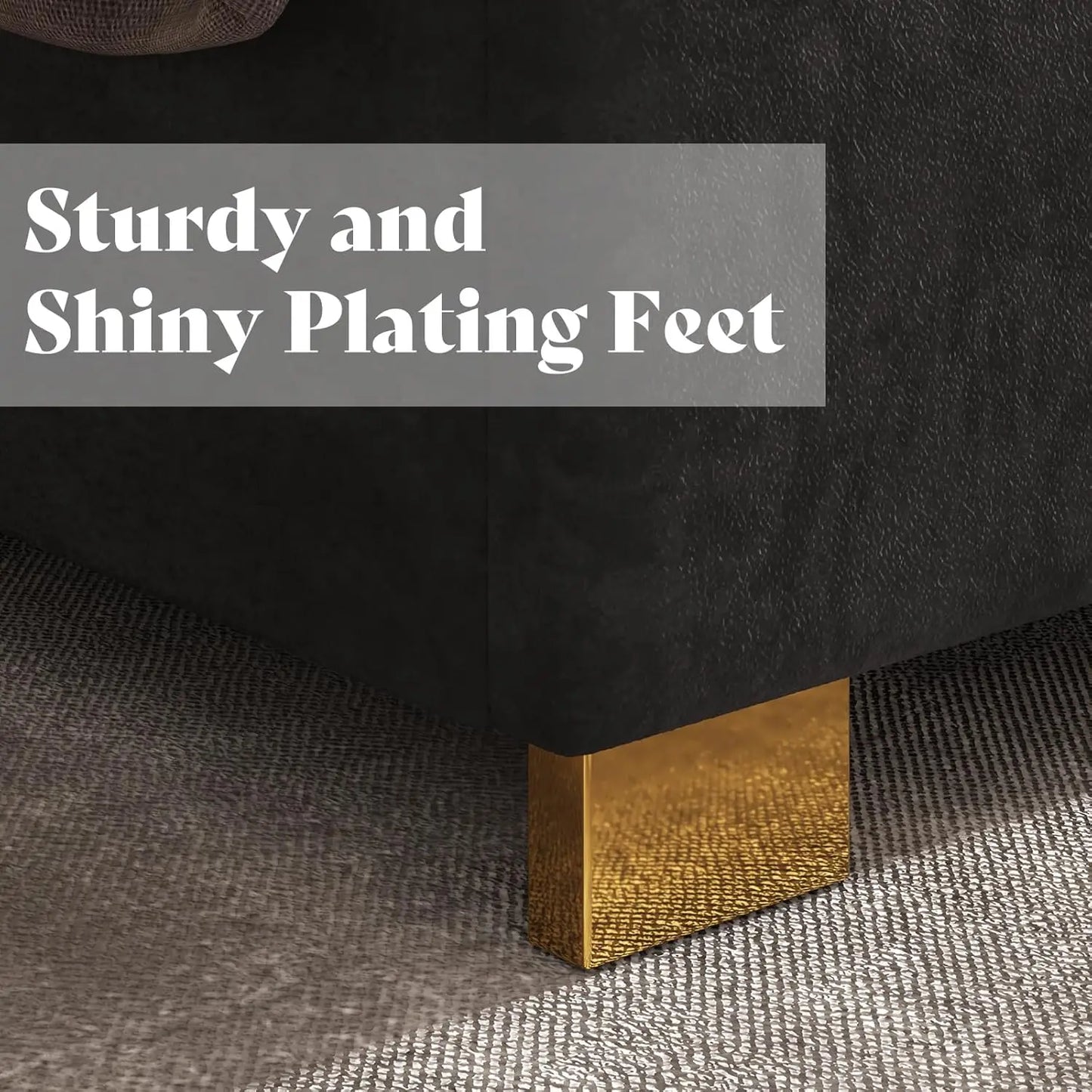 King Size Upholstered Bed, Modern Velvet Bed Frame with 65.4” Tall Gold Trim Headboard, No Box Spring Needed, Black