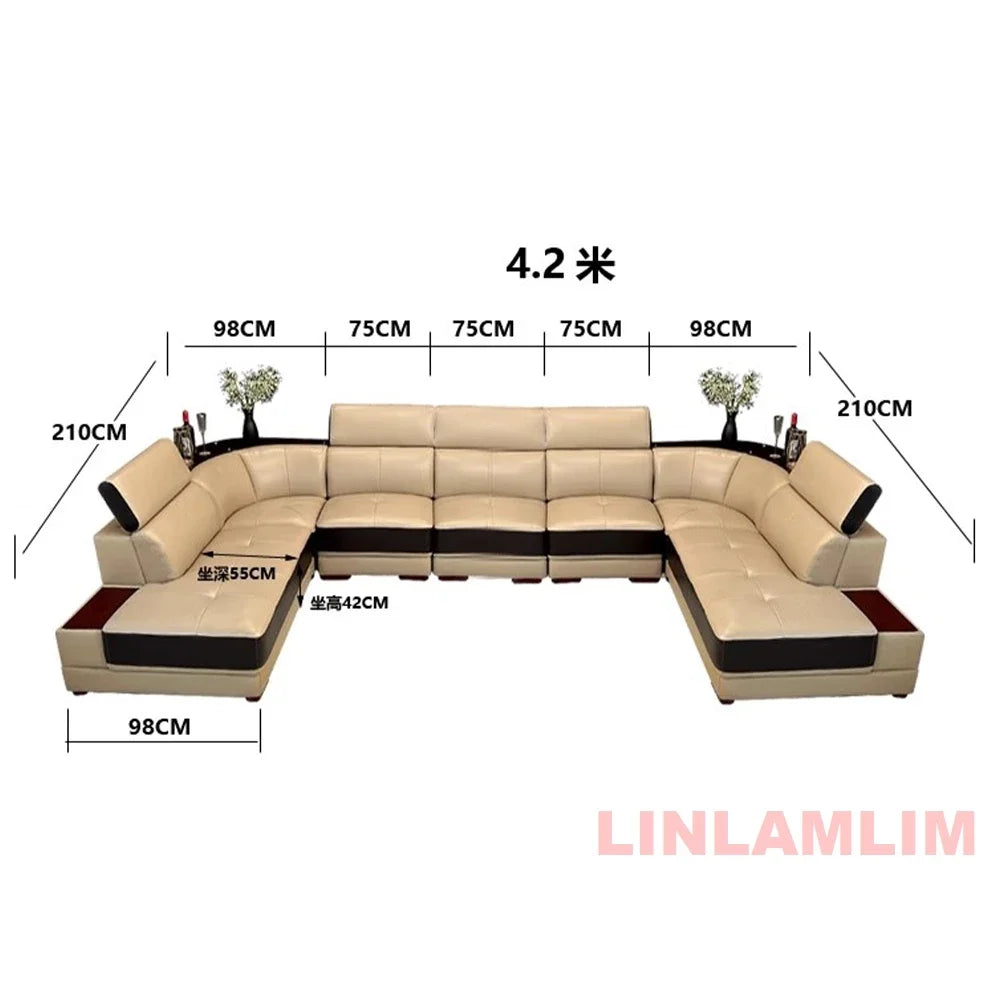 MINGDIBAO Modern Minimalist Genuine Leather Sectional Sofa with Console, Storage and Speaker Italian Leather Living Room Couch