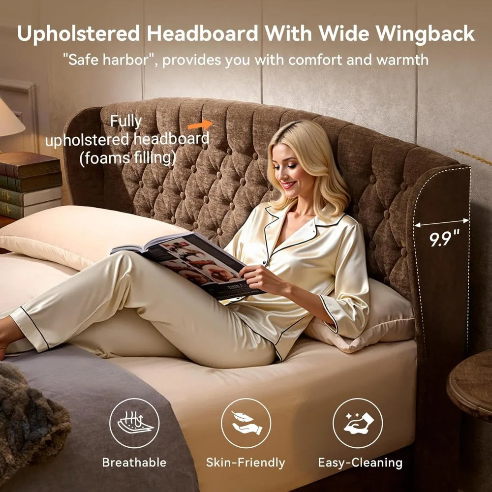 Queen Size Sleigh Bed Frame with Wingback Headboard, Chenille Upholstered Platform Bed Frame with Scroll Footboard,Customized