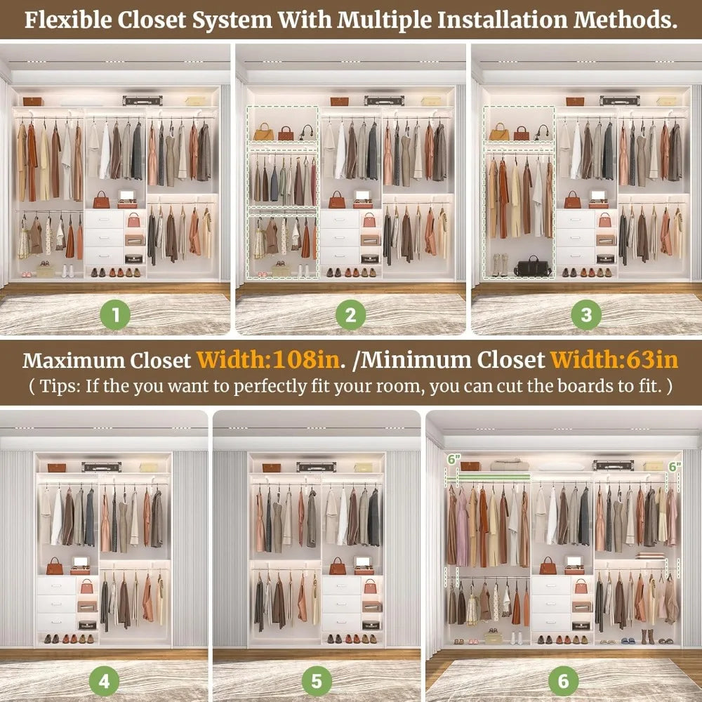 Aheaplus Closet System, Closet Organizer with 3 Wooden Drawers, 8FT Closet Organizer System, 96’’ Walk-in Closet Wardrobe Clothe