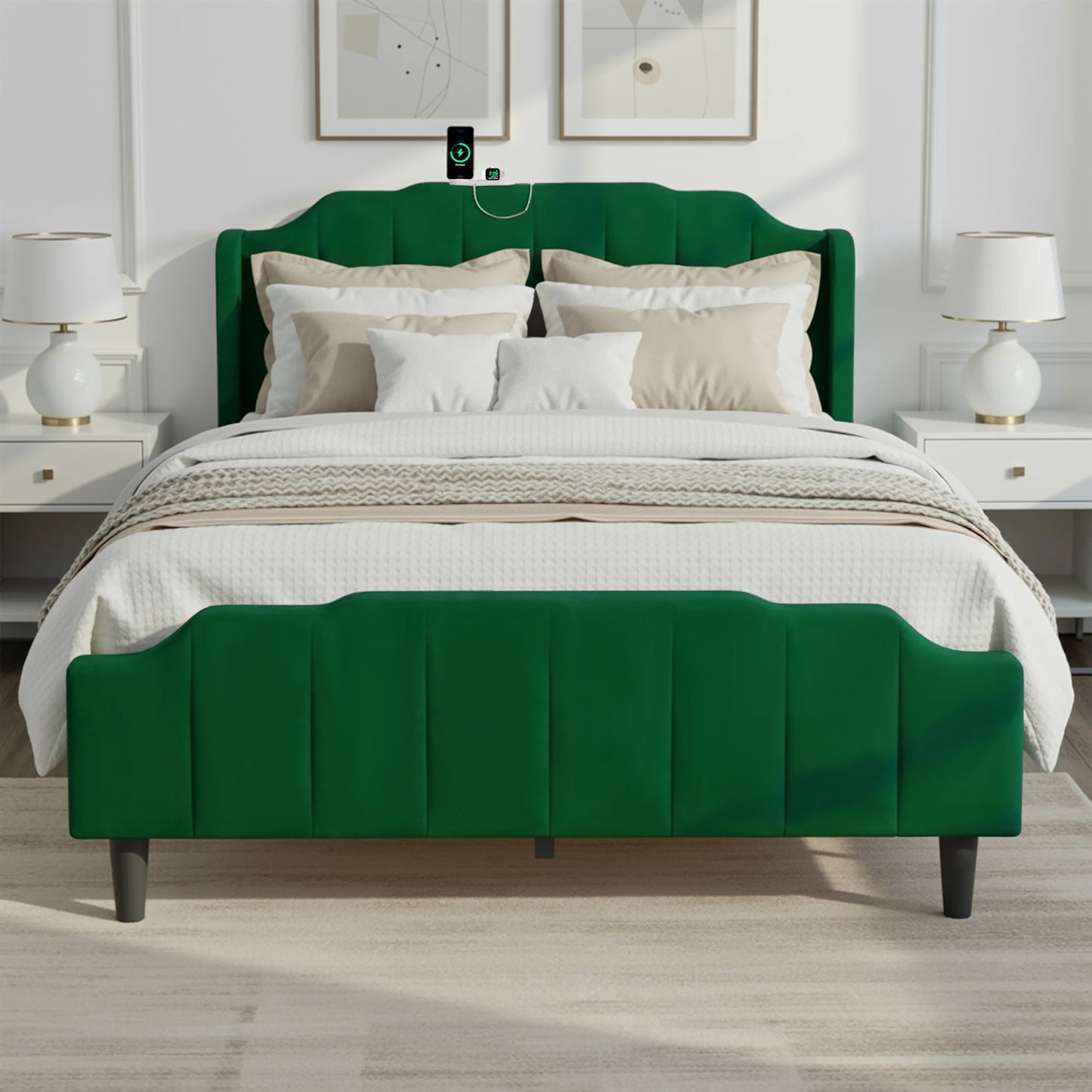 HOOMIC Full/Queen Size Velvet Platform Bed Frame with Curved Vertical Tufted Wingback Headboard and Footboard, Charging Station