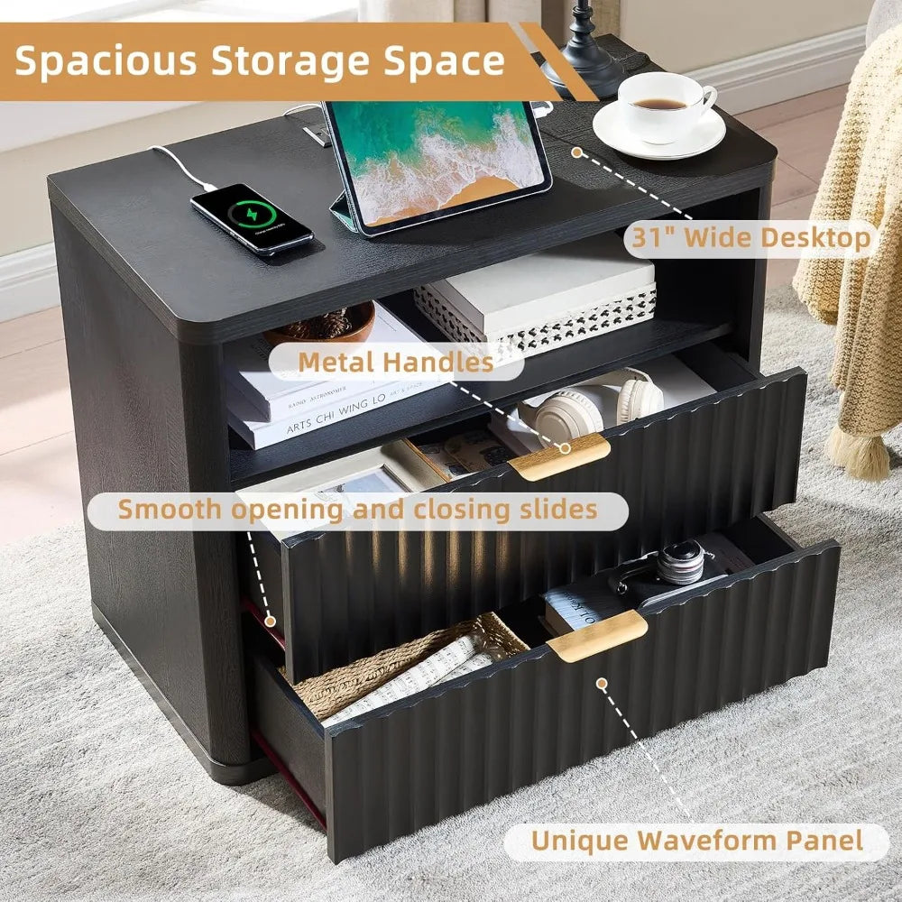 31" Wide Fluted Night Stand Set of 2 with Charging Station, Oversized Extra Large 2 Drawers Nightstand,Black Wood,Customized