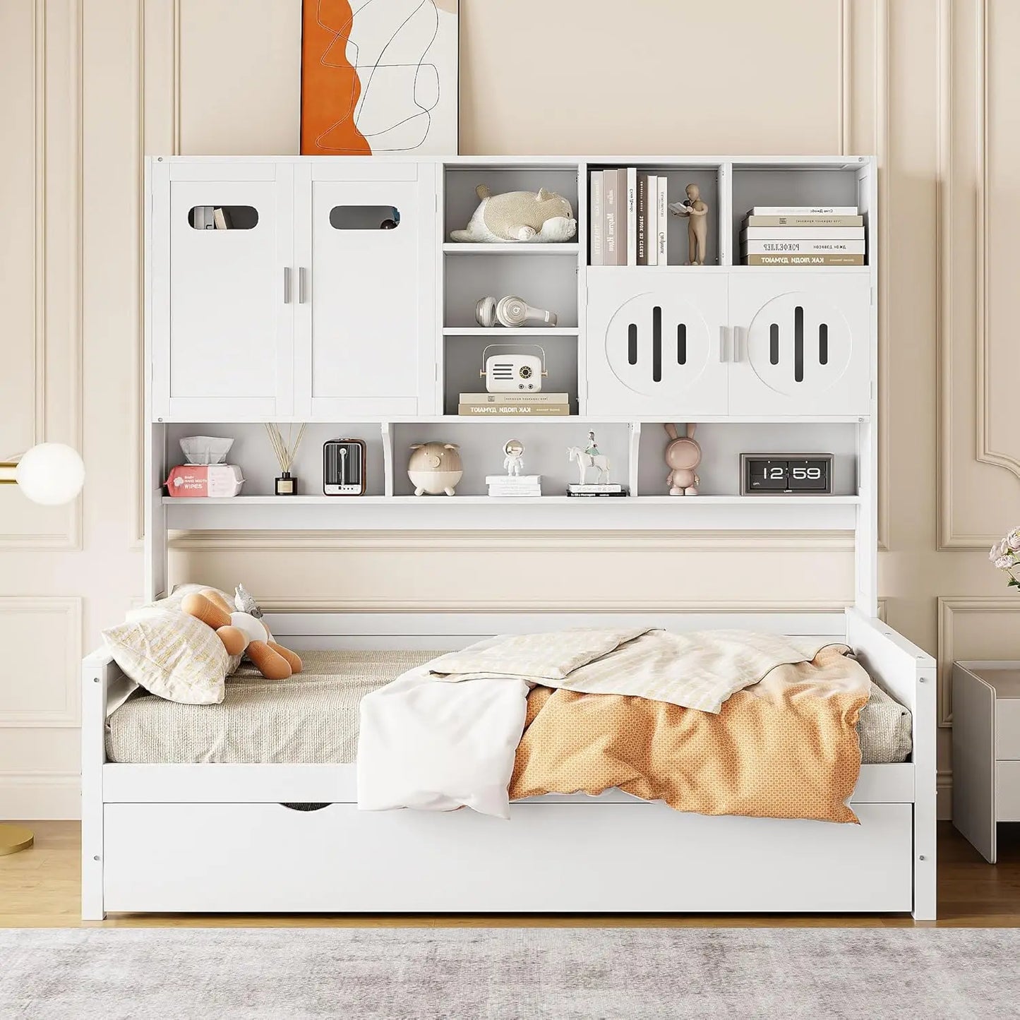 Twin Size Wooden Daybed with Twin Size Trundle, Bookcase, and All-in-One Cabinet and Shelf
