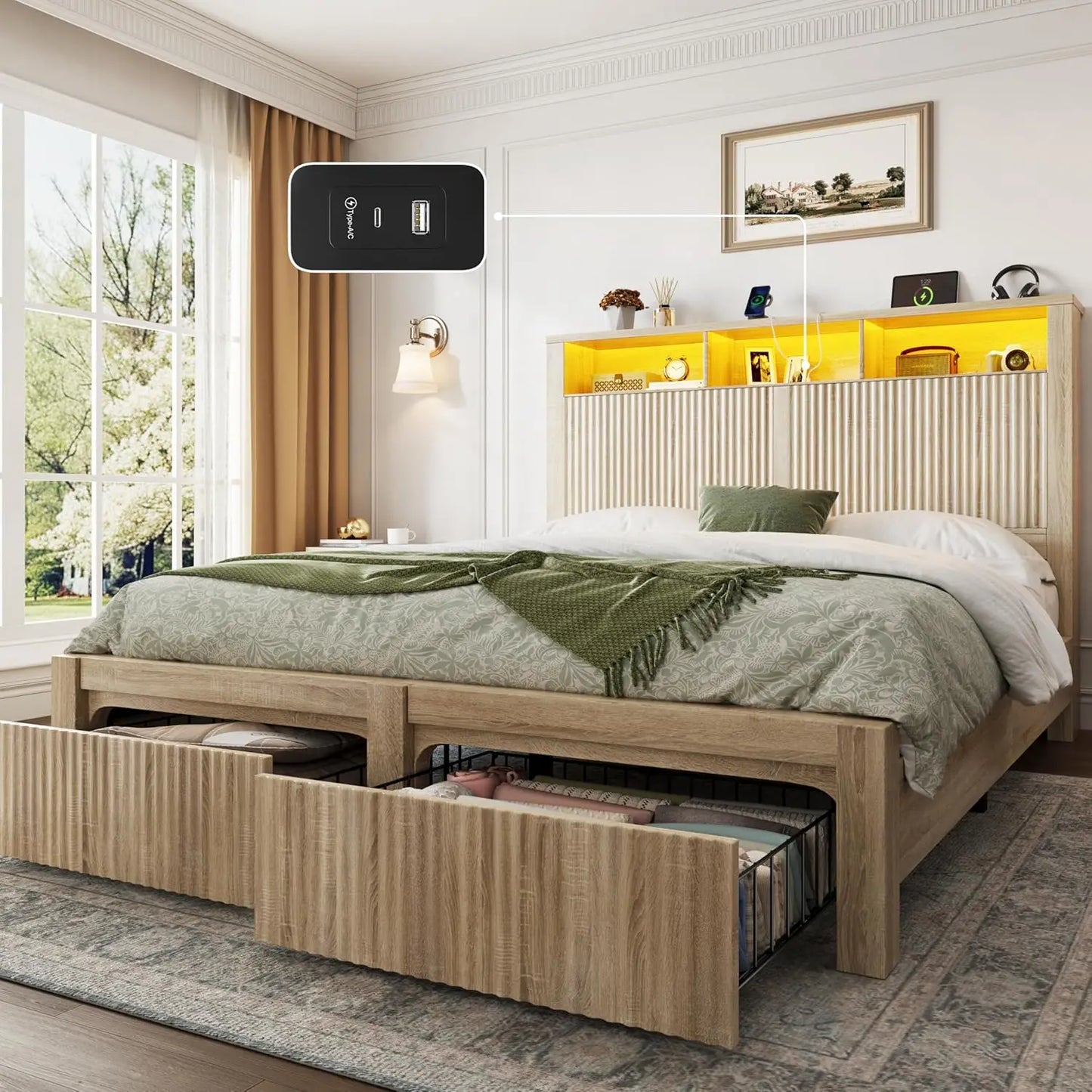 Bed Frame with Headboard and Storage Drawers, Bed Frame with LED Light and Charging Port, Wavy Wood Grain Design