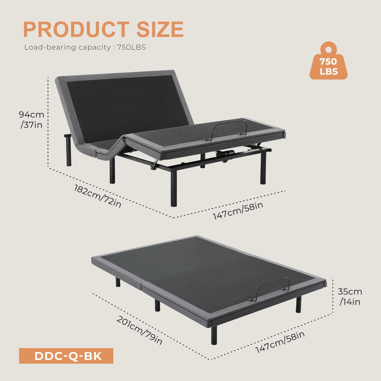 JHK Electric Queen Size Bed Ergonomic Adjustable Bed Frame with Wireless Remote Zero Gravity Bed with 2 USB Ports For Bed Room