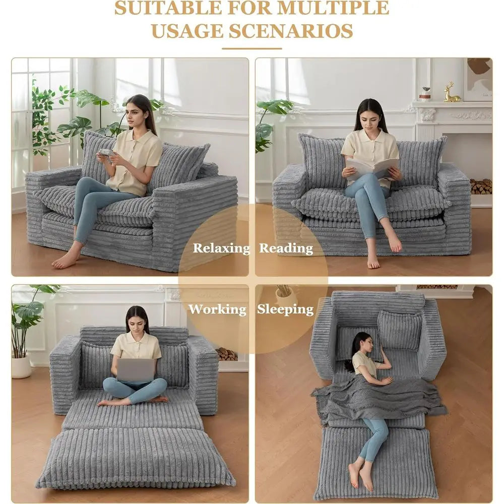 Sleeper Sofa, Convertible Sofa Bed Couch, Living Room, 3-in-1 Pull Out Floor Couch with Washable Cushion and Pillows, Grey