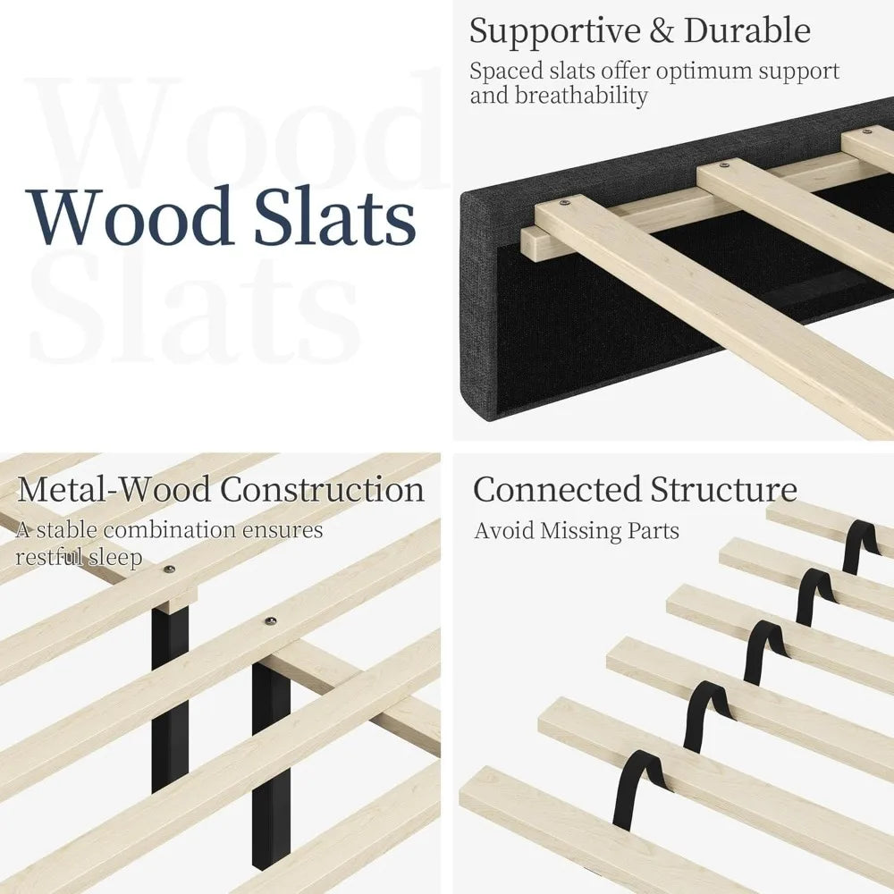 Upholstered Bed Frame, Modern Queen Bed Platform with Square Stitched&Button Tufting Headboard Height Adjustable