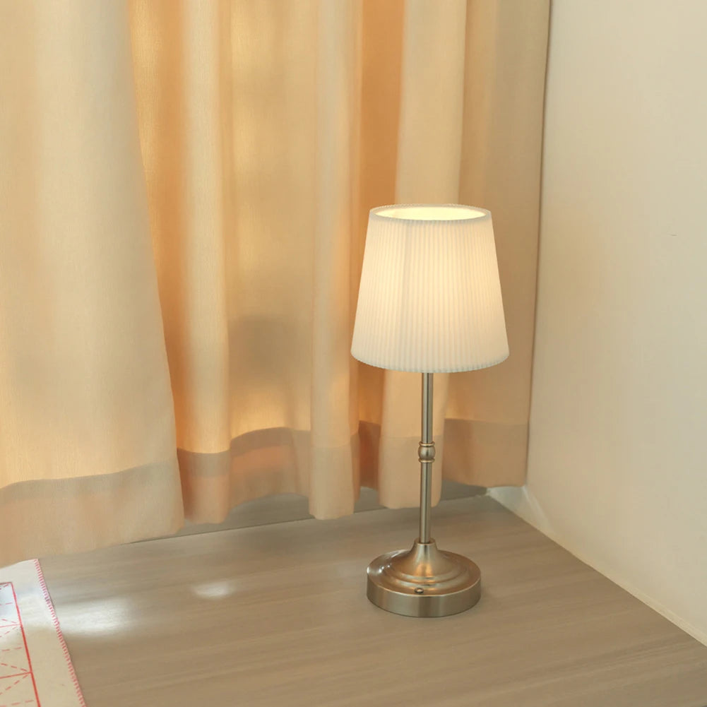 Cordless LED Metal Table Lamp USB Rechargeable Touch Control Portable Fabric Shade Desk Lamp Pleated Decorative Atmosphere Light