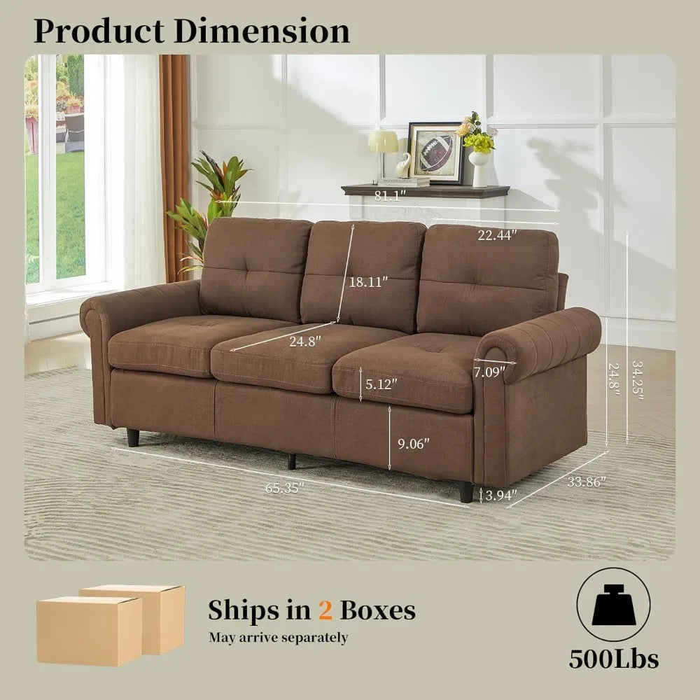 81.1" 3-Seater Fabric Sofa, Modern Brown Living Room Couch with Rolled Arms and Stitch-Tufted Cushions, Comfortable Upholstered