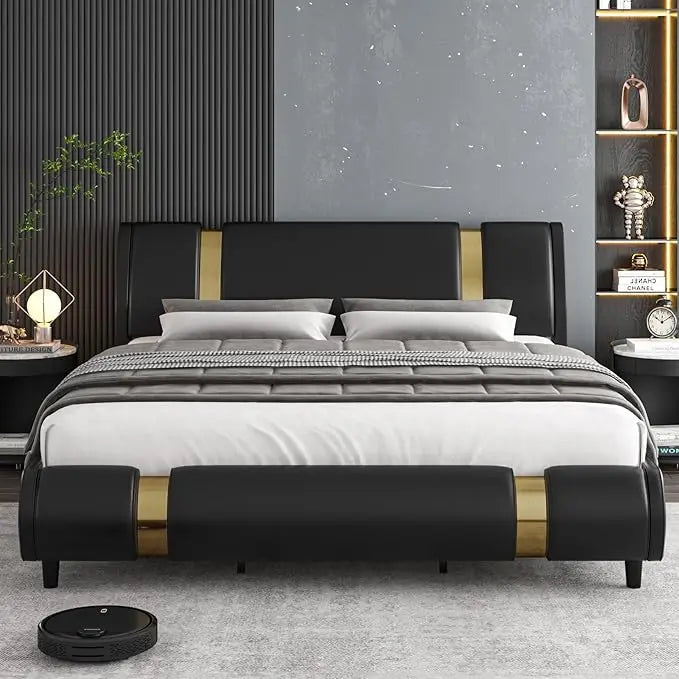 Faux Leather Upholstered Platform Bed Frame with Golden Iron Metal Decor, Adjustable Curved Headboard, Wooden Slats,Customized
