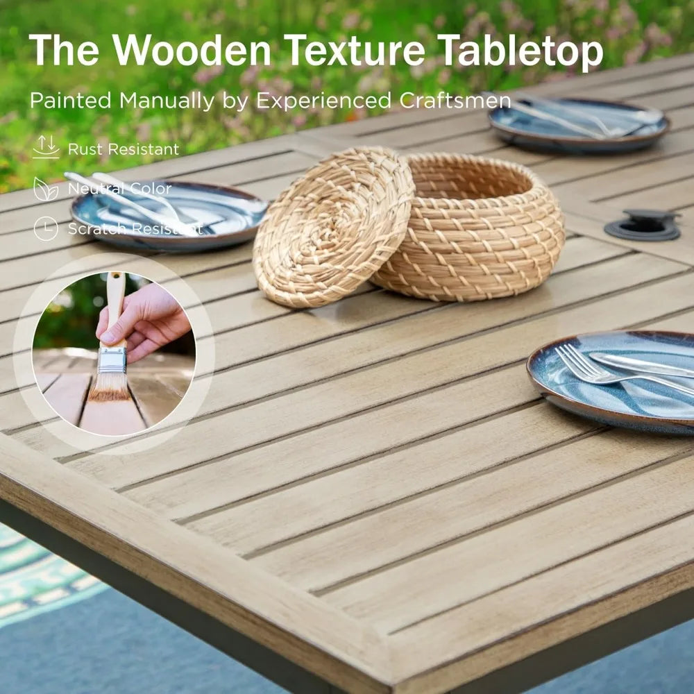 64 Rectangle Outdoor Dining Table, Patio Furniture Wood-Like Tabletop with Umbrella Hole for Patio Lawn Backyard