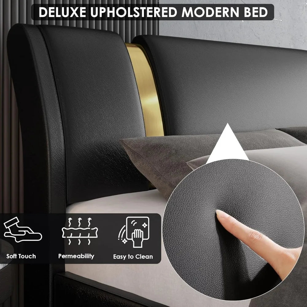 Faux Leather Upholstered Platform Bed Frame with Golden Iron Metal Decor, Adjustable Curved Headboard, Wooden Slats,Customized