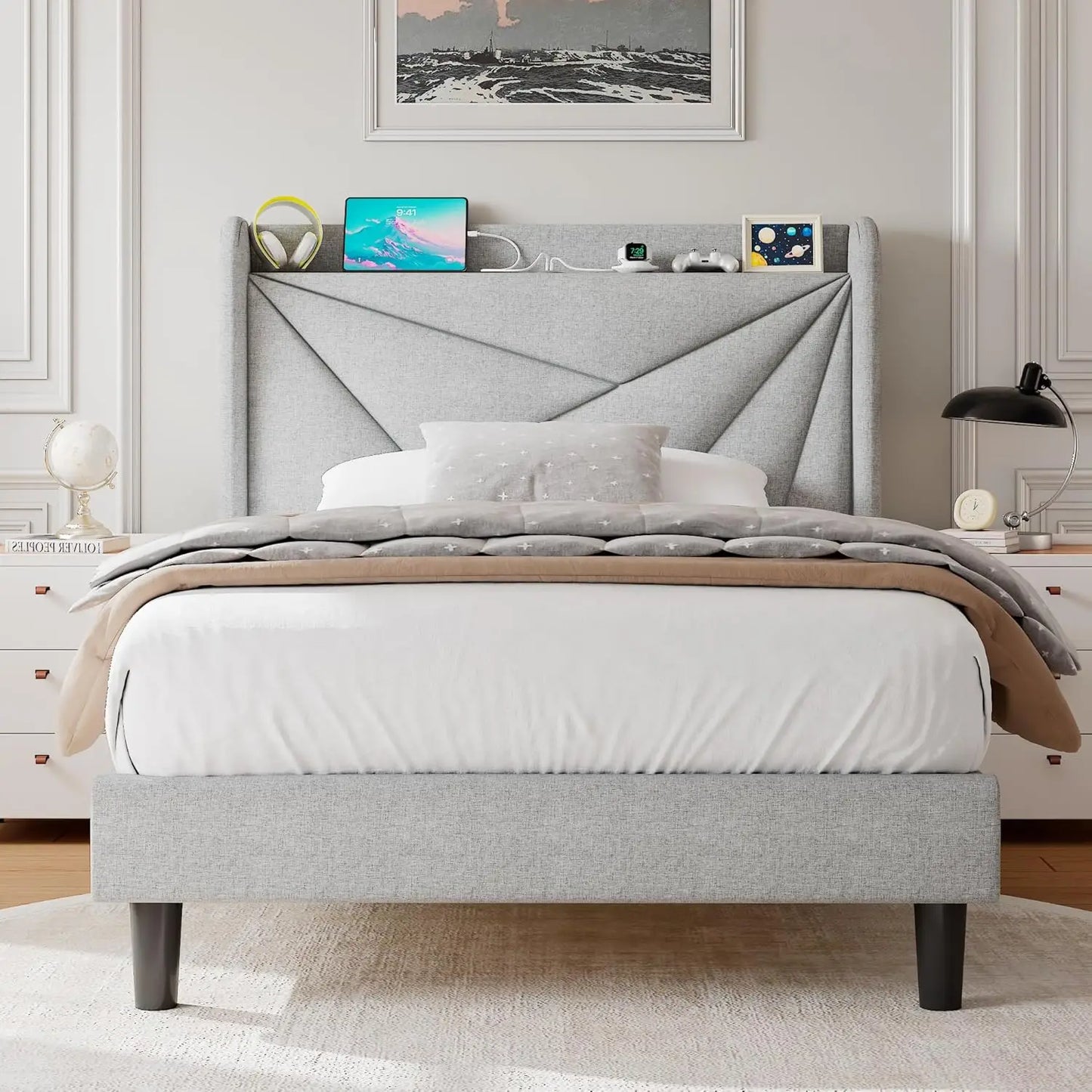 Upholstered Bed Frame with Charging Station, Platform Bed Frame with Storage Headboard, Solid Wood Slats Support, No BBox Spring