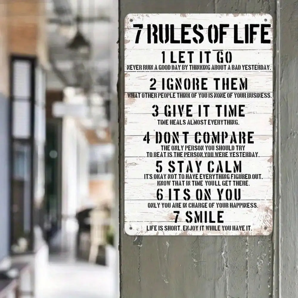 1PC Motivational Tin Sign - "7 Rules of Life" Classic Text Design for Home & Office Decor, High-Quality Metal Gift
