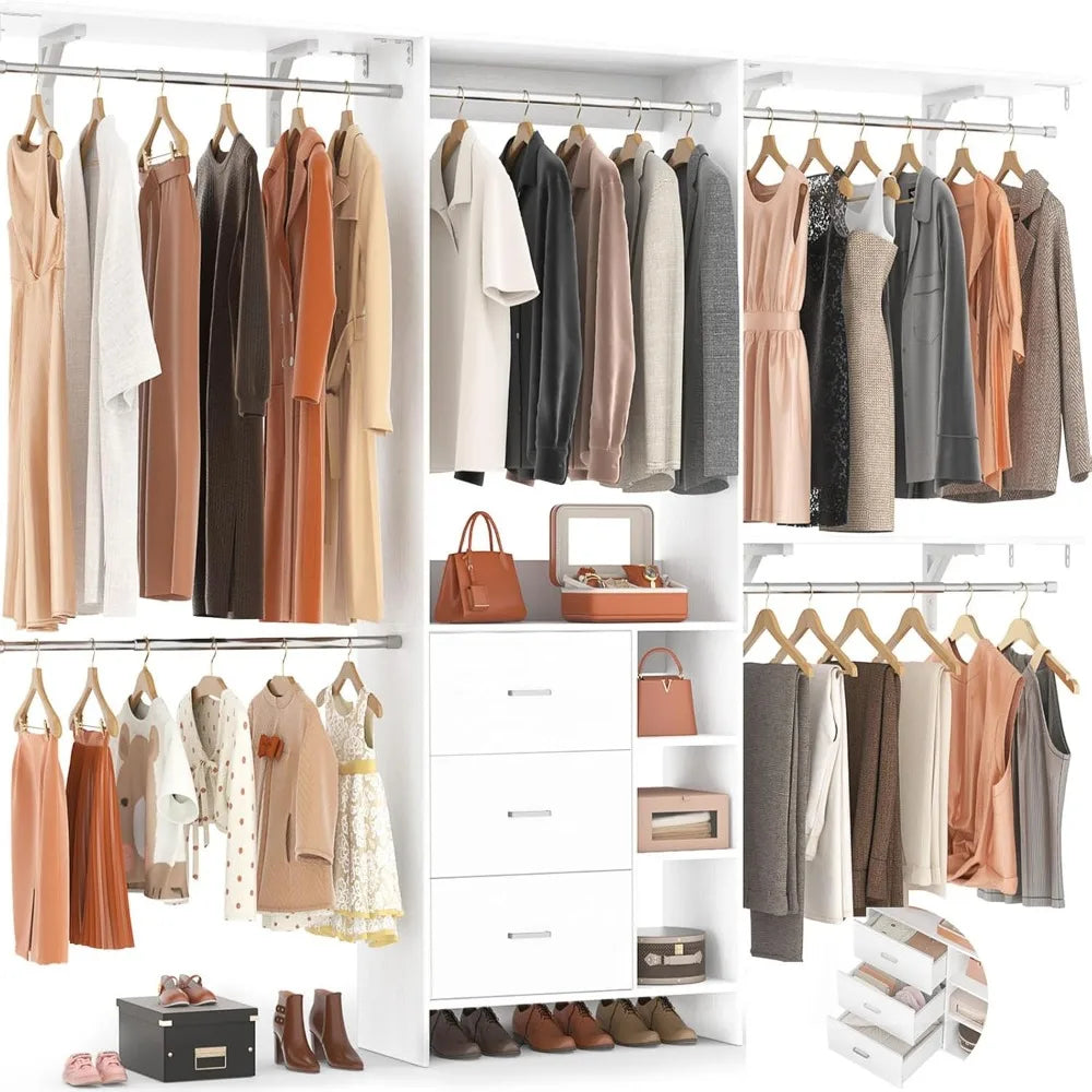 Aheaplus Closet System, Closet Organizer with 3 Wooden Drawers, 8FT Closet Organizer System, 96’’ Walk-in Closet Wardrobe Clothe
