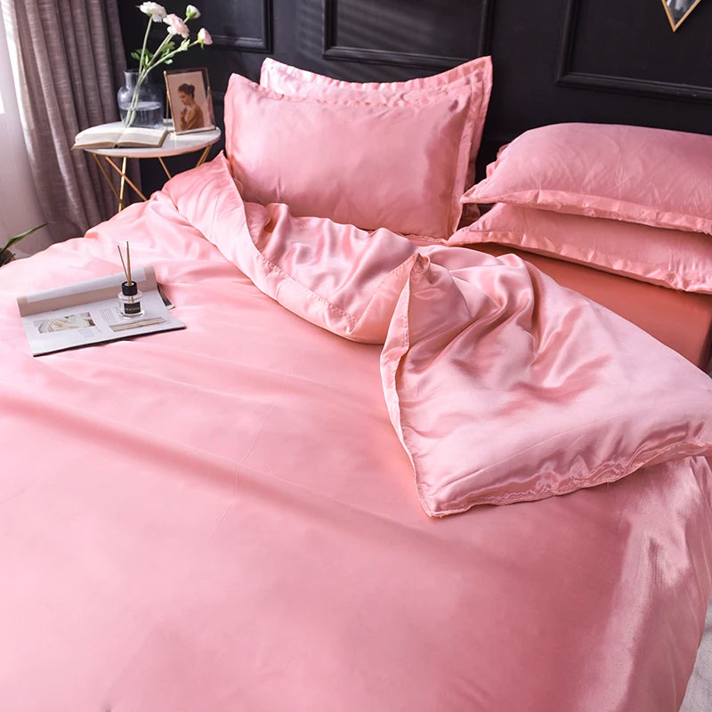 Solid Silk Bedding Set with Bed Sheet Duvet Cover Pillowcase Satin Single Couple Bedsheet King Queen Double Twin Size