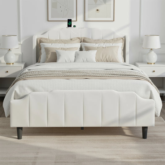 HOOMIC Full/Queen Size Velvet Platform Bed Frame with Curved Vertical Tufted Wingback Headboard and Footboard, Charging Station