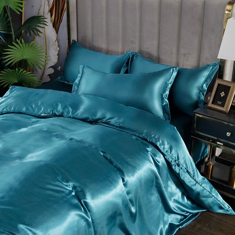 Solid Silk Bedding Set with Bed Sheet Duvet Cover Pillowcase Satin Single Couple Bedsheet King Queen Double Twin Size