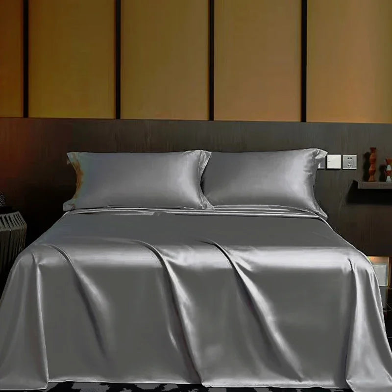 Summer Luxury Satin Silk-like Bed Sheet Set (Flat Sheet/Fitted Sheet + Pillowcase) Solid Color Mattress Cover Twin Full Queen