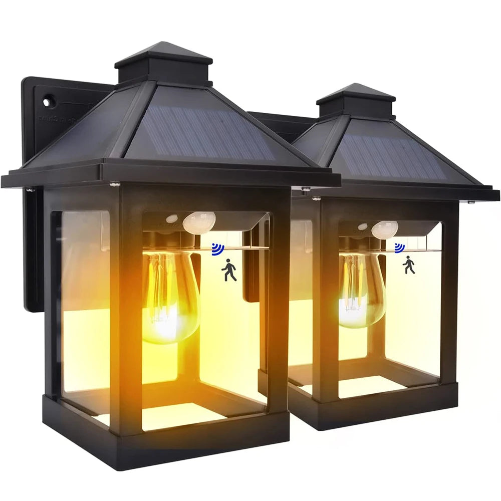 2pcs Solar Powered Wall Lanterns with 3 Modes Dusk to Dawn Motion Sensor LED Sconce Lights Exterior Front Porch Security Lamps