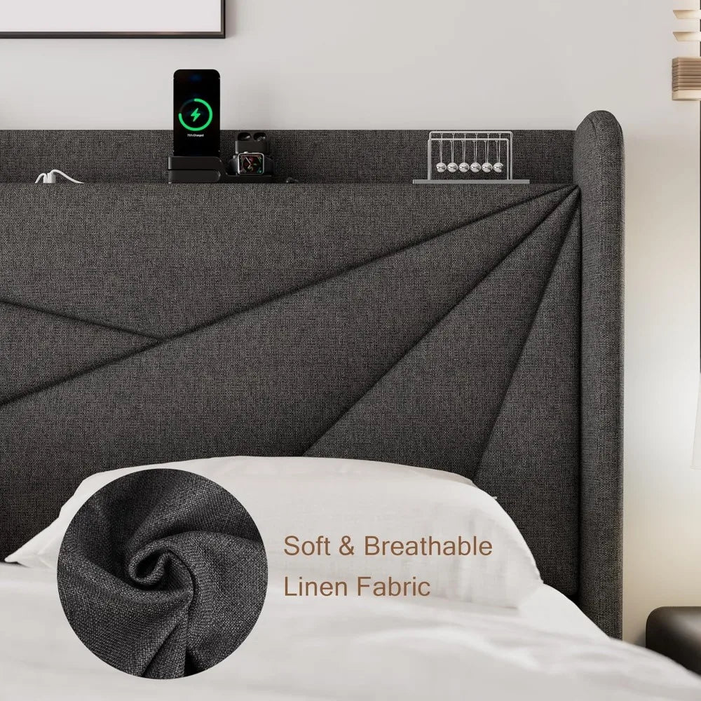 Upholstered Bed Frame with Charging Station, Platform Bed Frame with Storage Headboard, Solid Wood Slats Support, No BBox Spring