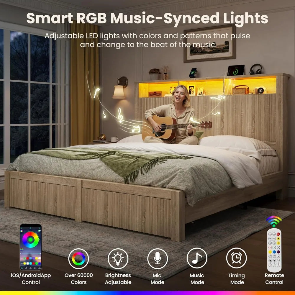 Bed Frame with Headboard and Storage Drawers, Bed Frame with LED Light and Charging Port, Wavy Wood Grain Design