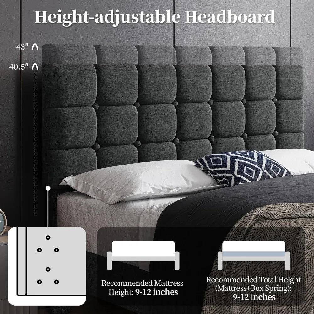 Upholstered Bed Frame, Modern Queen Bed Platform with Square Stitched&Button Tufting Headboard Height Adjustable