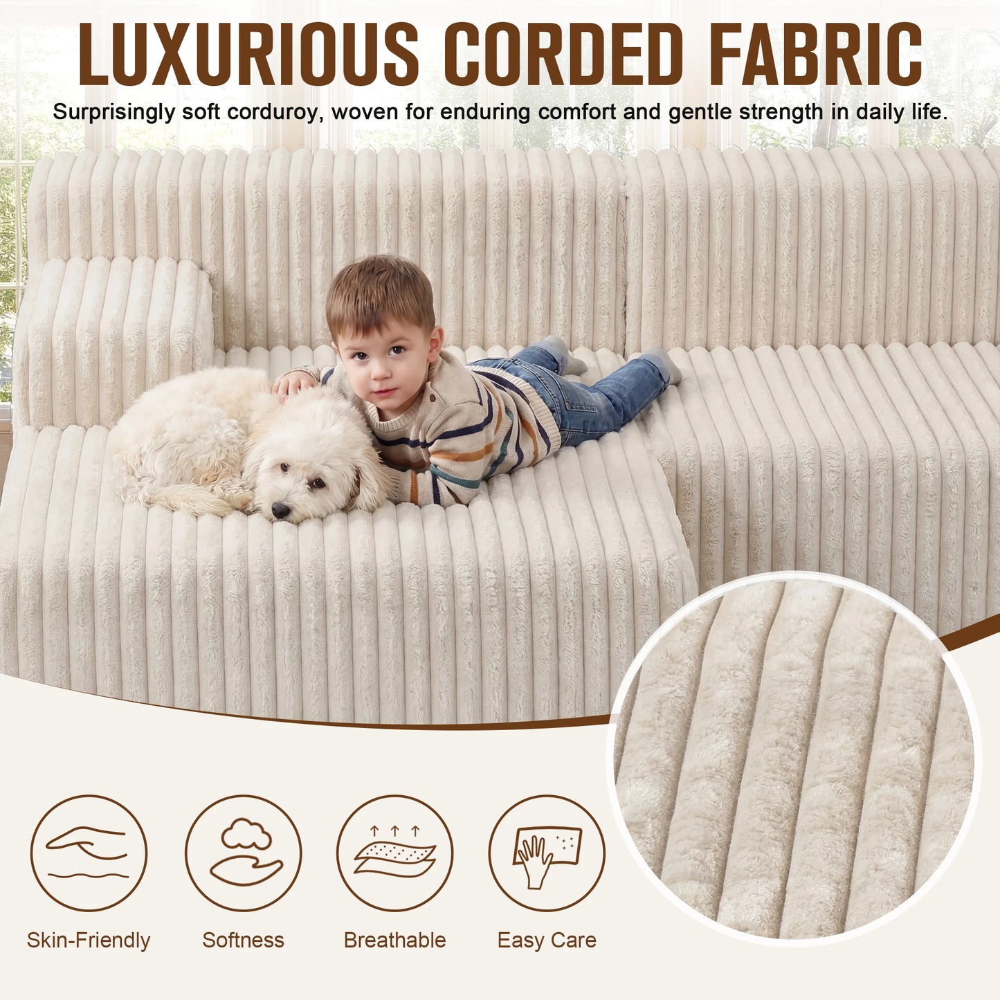 Redlife L-Shape Corduroy Sectional Sofa,Cloud-Like Couch,Boneless Couches, No Assembly Required,Deep Seat, for Living Room