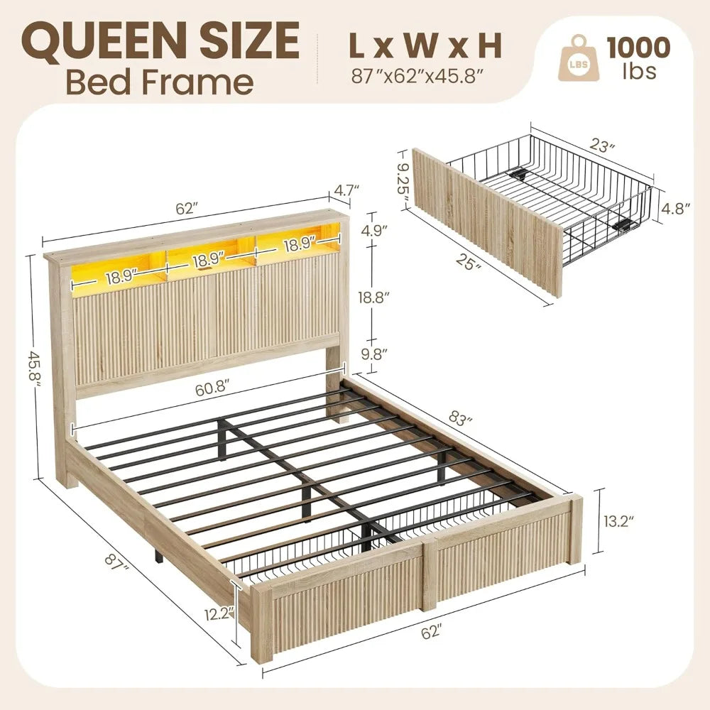 Bed Frame with Headboard and Storage Drawers, Bed Frame with LED Light and Charging Port, Wavy Wood Grain Design