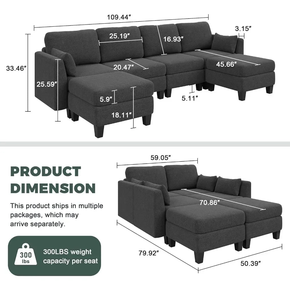 Modular Sectional Sofa, 6 Seaters Modular Sleeper Sofa Couch, Comfy Sectionals Couches Bed, Convertible Sofas Customized