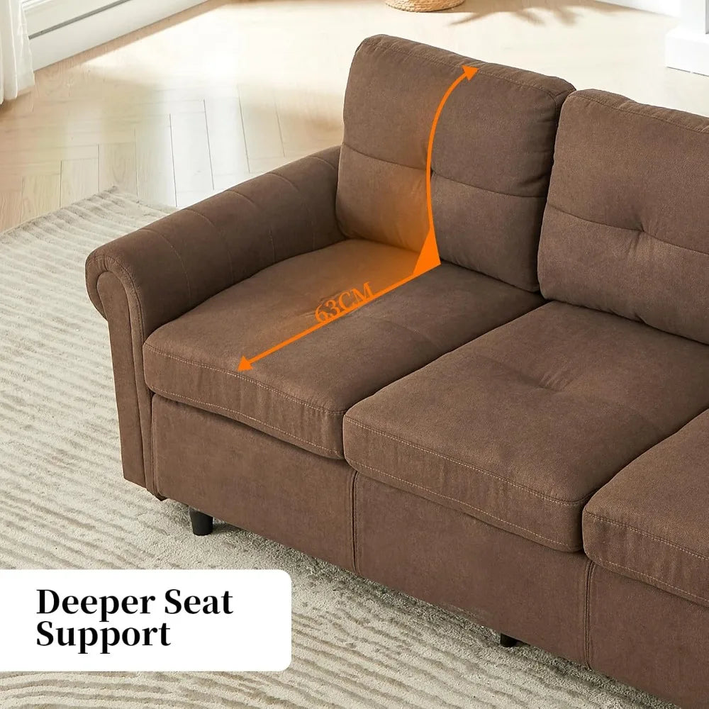 81.1" 3-Seater Fabric Sofa, Modern Brown Living Room Couch with Rolled Arms and Stitch-Tufted Cushions, Comfortable Upholstered