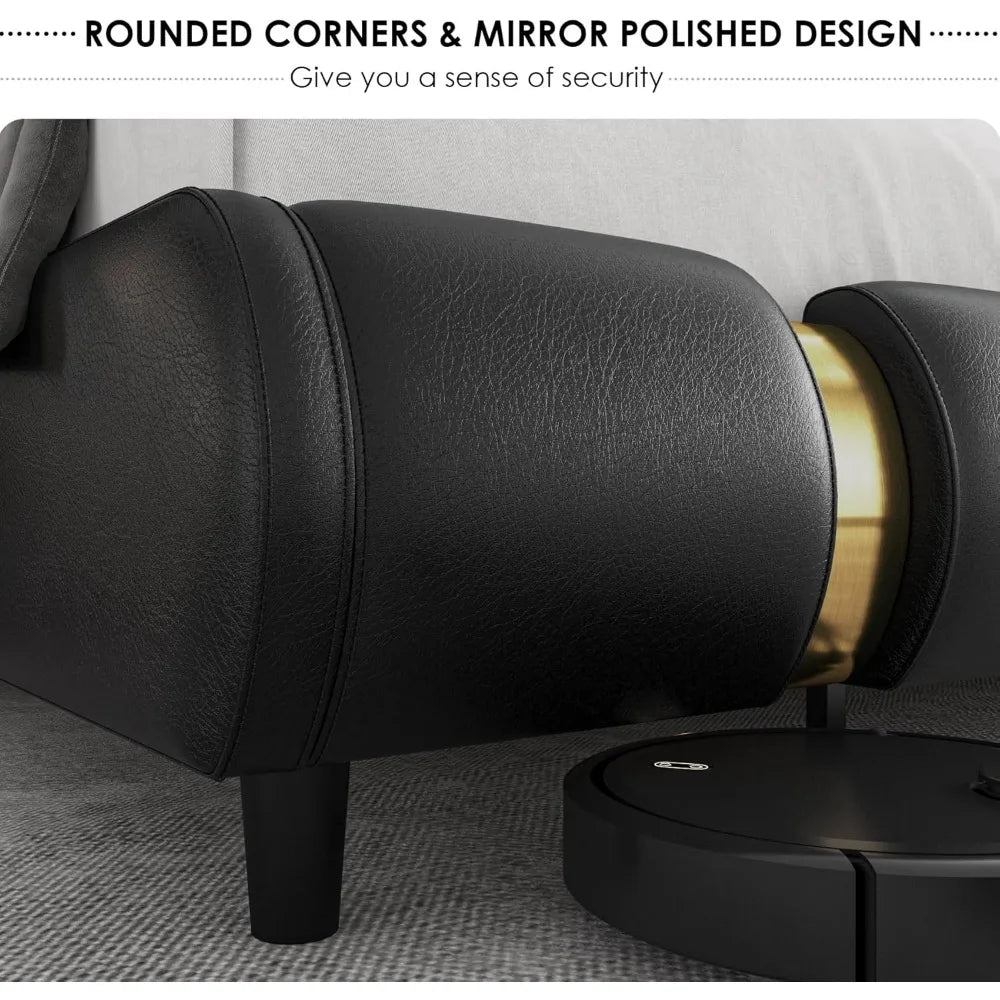 Faux Leather Upholstered Platform Bed Frame with Golden Iron Metal Decor, Adjustable Curved Headboard, Wooden Slats,Customized