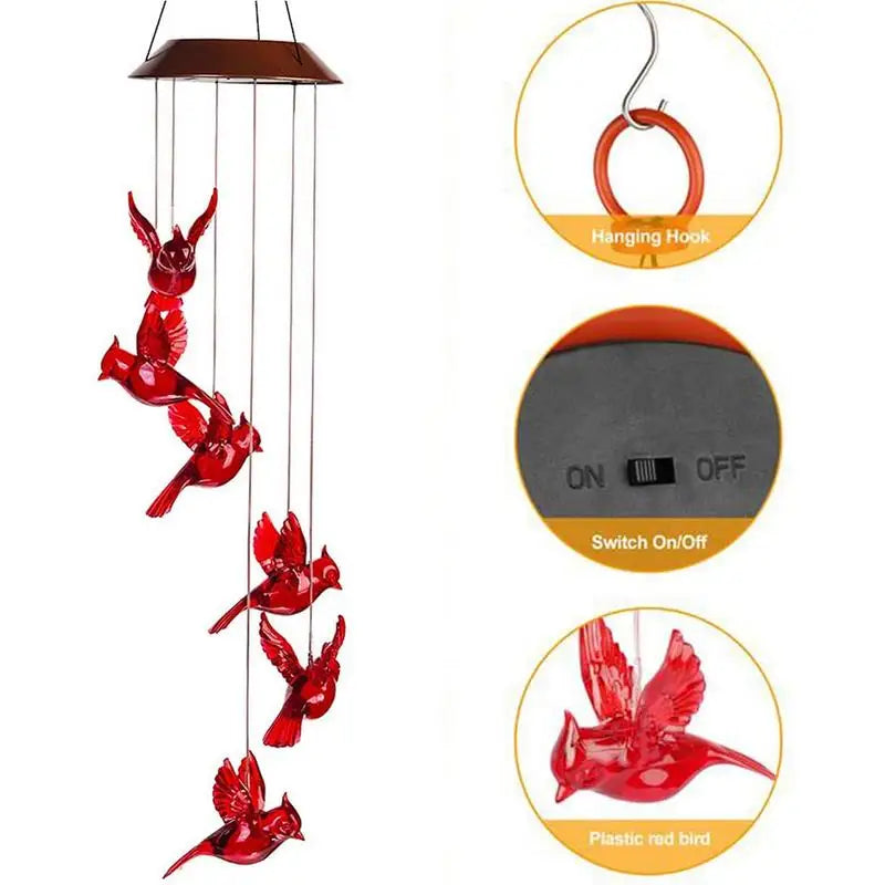 Windchimes Outdoors Creative Cardinal Wind Chimes Solar Hummingbird Wind Bell Red Bird Wind Lights With 6 LED Memorial Bird