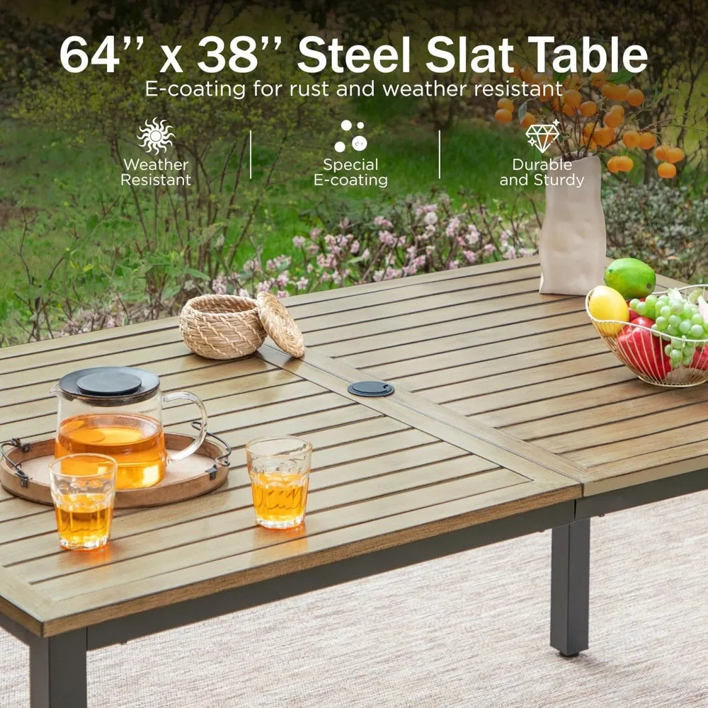 64 Rectangle Outdoor Dining Table, Patio Furniture Wood-Like Tabletop with Umbrella Hole for Patio Lawn Backyard