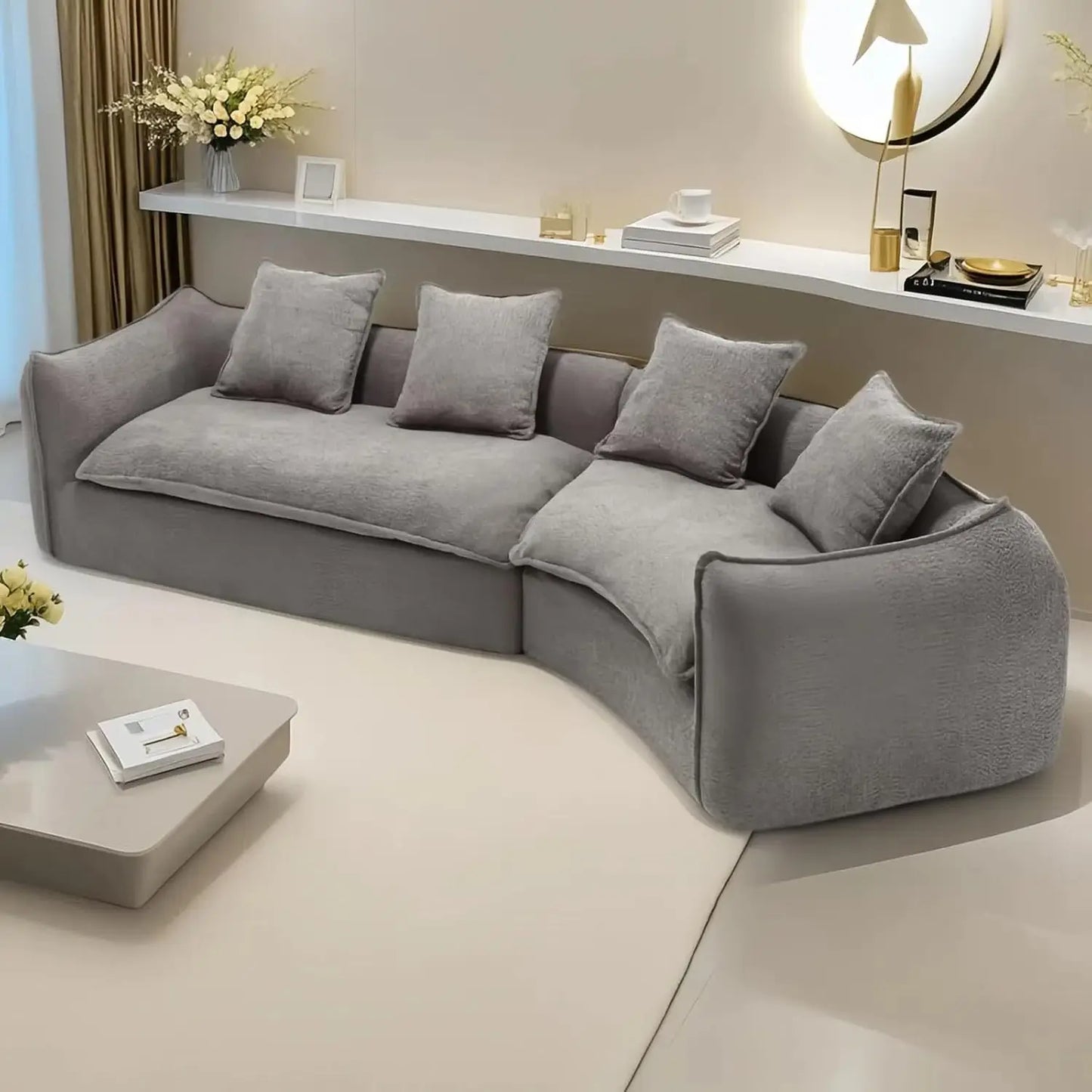 129.9" Modular Sectional Sofa with 4 Throw Pillow, Fabric Modern 5 Seat Round Shaped Convertible Sofa for Living, Customized