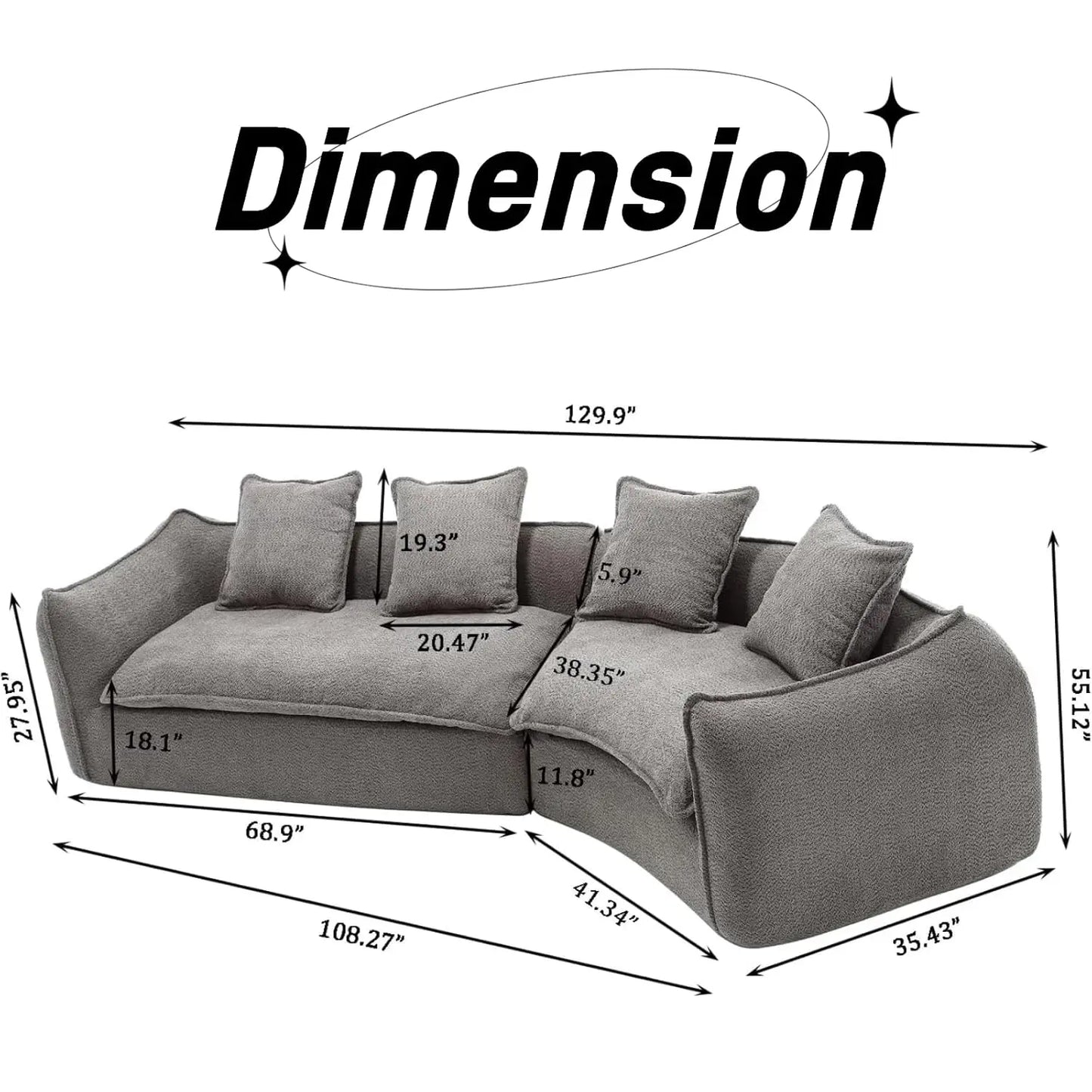 129.9" Modular Sectional Sofa with 4 Throw Pillow, Fabric Modern 5 Seat Round Shaped Convertible Sofa for Living, Customized