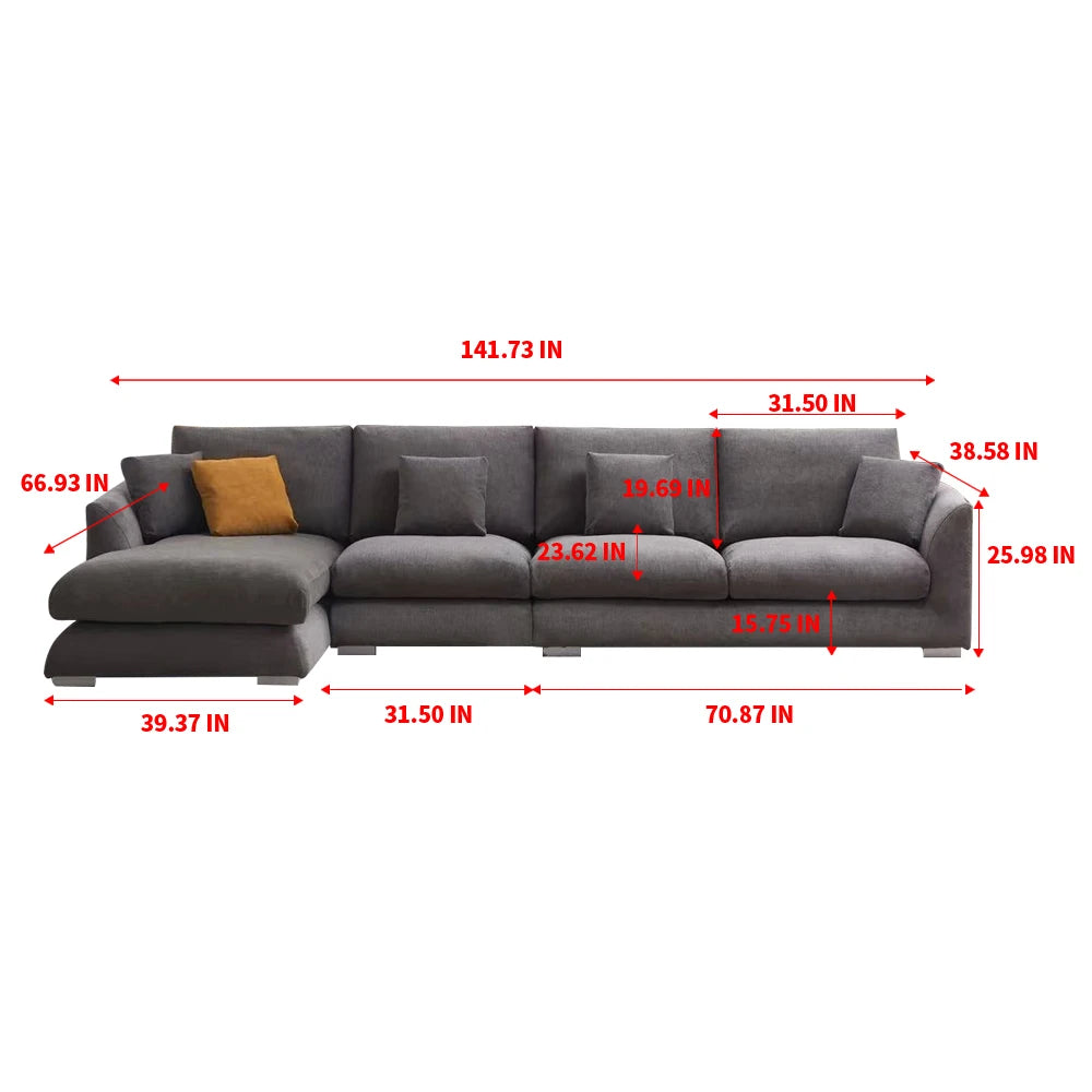 Cloud Down Filled Chaise Sofa Living Room Sofa L-shaped Recliner Sofa Comfortable Cloud Sofa Linen Sofa Removable Washable