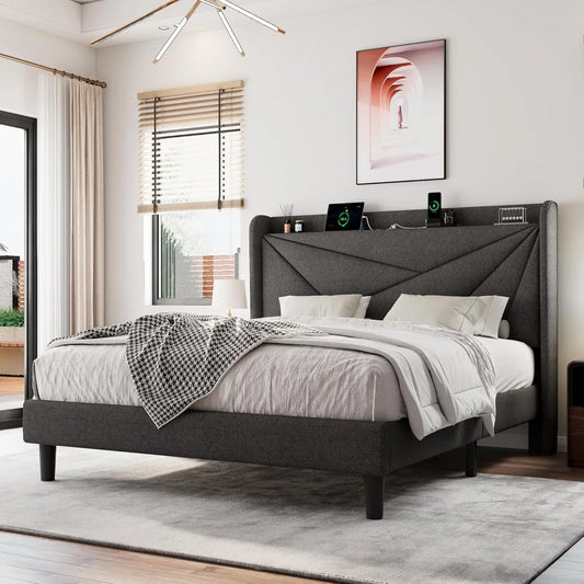 Upholstered Bed Frame with Charging Station, Platform Bed Frame with Storage Headboard, Solid Wood Slats Support, No BBox Spring
