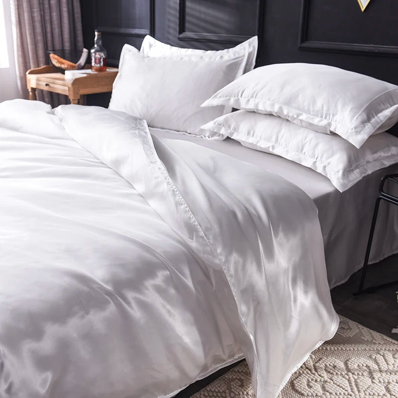 Solid Silk Bedding Set with Bed Sheet Duvet Cover Pillowcase Satin Single Couple Bedsheet King Queen Double Twin Size