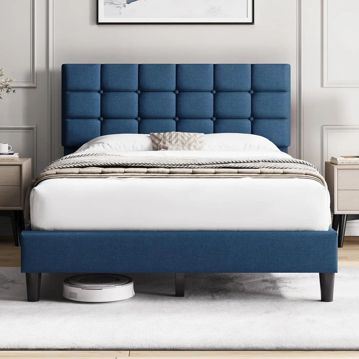 Upholstered Bed Frame, Modern Queen Bed Platform with Square Stitched&Button Tufting Headboard Height Adjustable