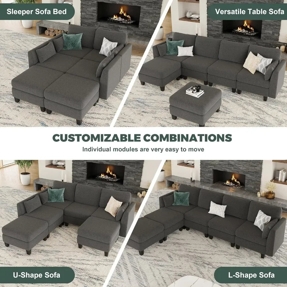 Modular Sectional Sofa, 6 Seaters Modular Sleeper Sofa Couch, Comfy Sectionals Couches Bed, Convertible Sofas Customized