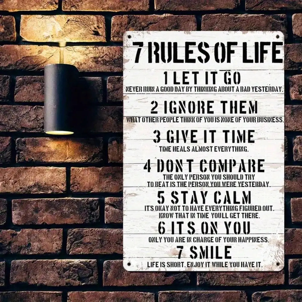 1PC Motivational Tin Sign - "7 Rules of Life" Classic Text Design for Home & Office Decor, High-Quality Metal Gift