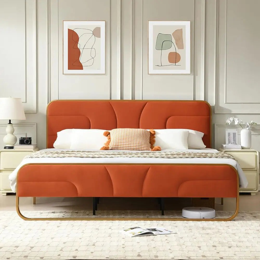 King Size Velvet Upholstered Platform Bed with Headboard,Modern Rounded MetalDesign upported by Metal Base and Wooden,Customized
