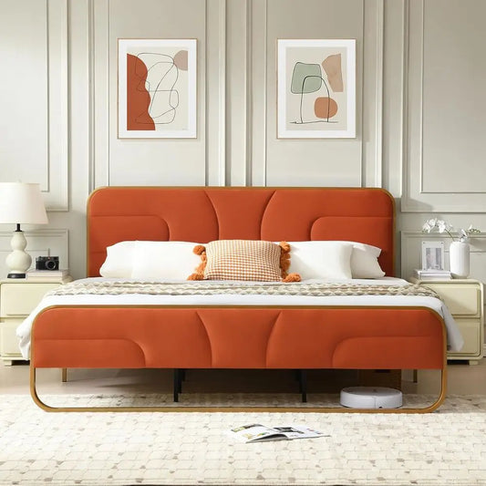 King Size Velvet Upholstered Platform Bed with Headboard,Modern Rounded MetalDesign upported by Metal Base and Wooden,Customized