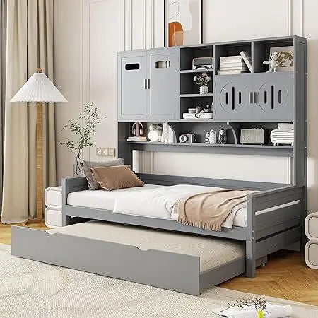 Gray Merax Twin Daybed with Trundle, Bookcase, and Cabinet Shelf Combo
