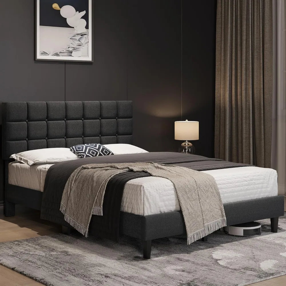 Upholstered Bed Frame, Modern Queen Bed Platform with Square Stitched&Button Tufting Headboard Height Adjustable