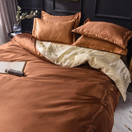 Solid Silk Bedding Set with Bed Sheet Duvet Cover Pillowcase Satin Single Couple Bedsheet King Queen Double Twin Size