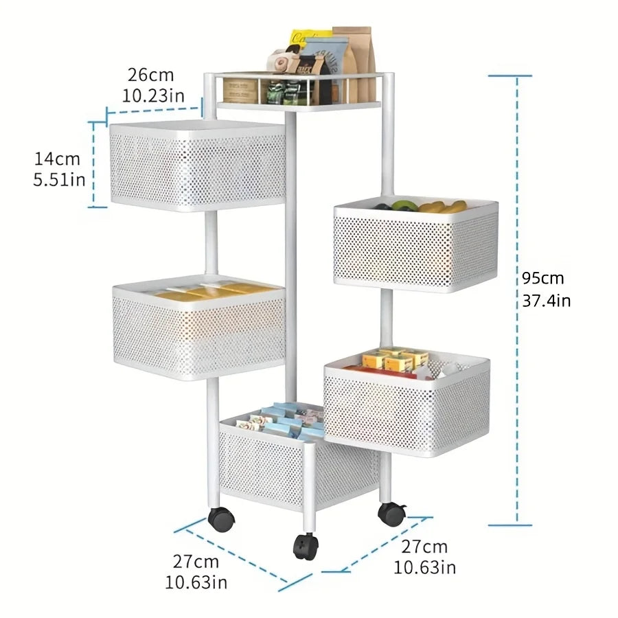Kitchen Storage Shelf, Rotating 5-Tier Metal Fruit Vegetable Basket, Multi-Layer Storage Trolley on Wheels