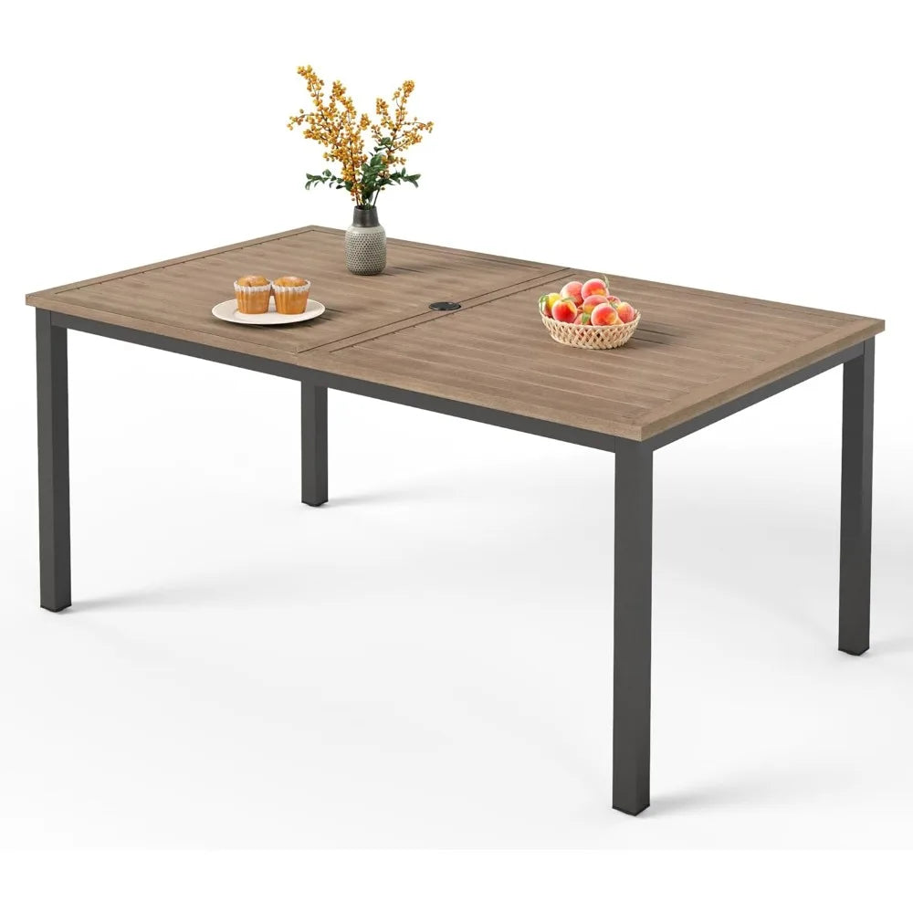 64 Rectangle Outdoor Dining Table, Patio Furniture Wood-Like Tabletop with Umbrella Hole for Patio Lawn Backyard